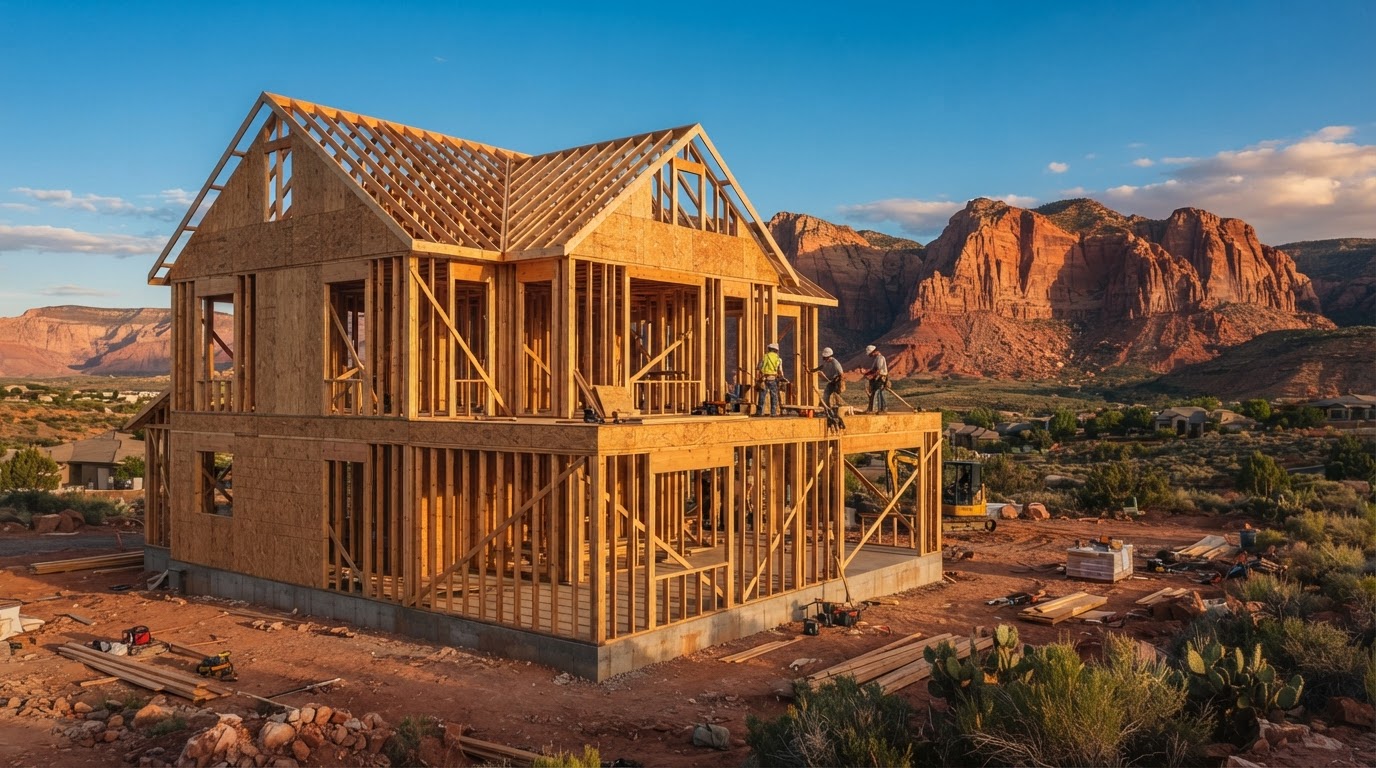 Newly framed home under construction in Saint George, Utah