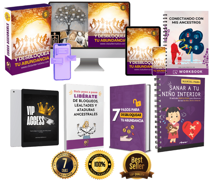 Paquete completo Sana tu Linaje y Desbloquea tu Abundancia: Curso en video, computadora, tablet, celular, Libro de Trabajo, los 4 Bonos de regalo y sellos de garantía