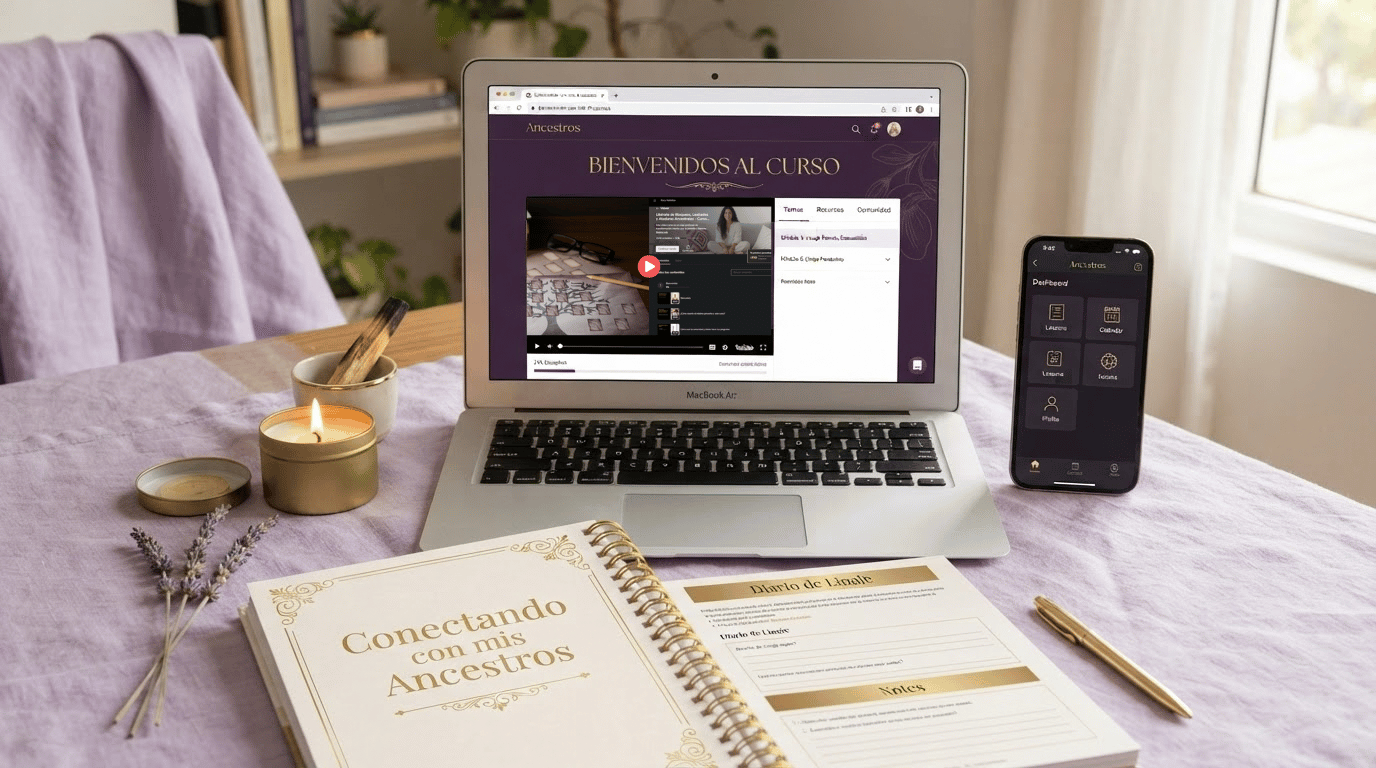 Plataforma del curso Sana tu Linaje en computadora, app móvil y libro de trabajo Conectando con mis Ancestros