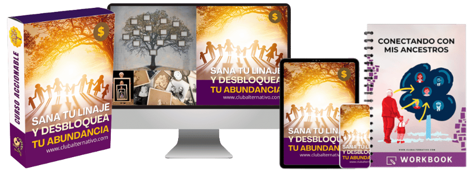 Mockup completo Sana tu Linaje y Desbloquea tu Abundancia: caja del curso, computadora, tablet, celular y workbook