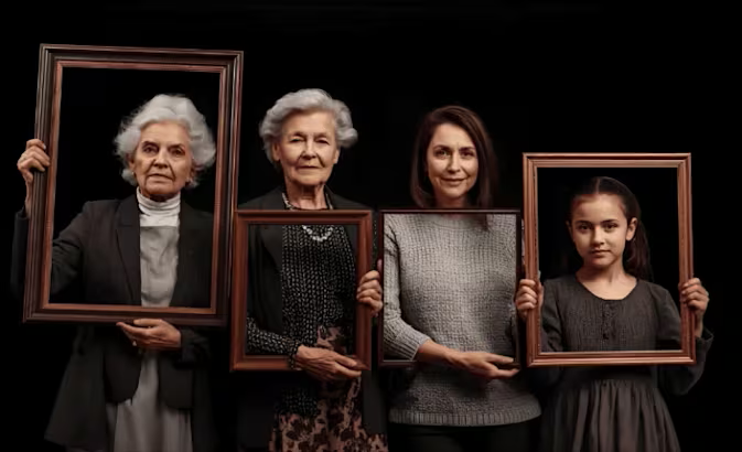 Cuatro generaciones de mujeres sosteniendo marcos de retratos vacíos que representan el linaje familiar y las lealtades invisibles