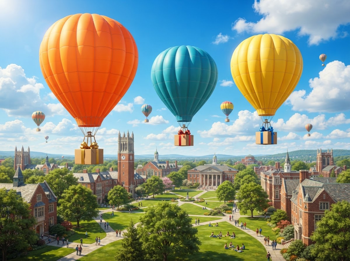 Colorful hot-air balloons carrying care packages over a sunny college campus