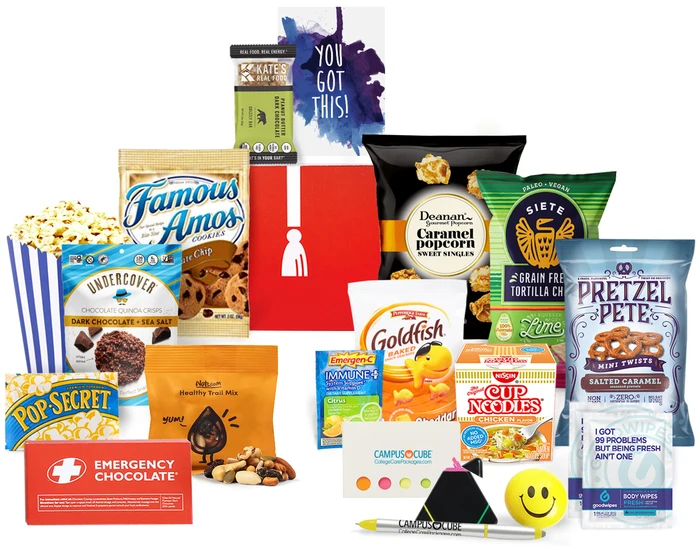 CampusCube Brain Boost Finals care package packed with snacks, drinks, and study essentials