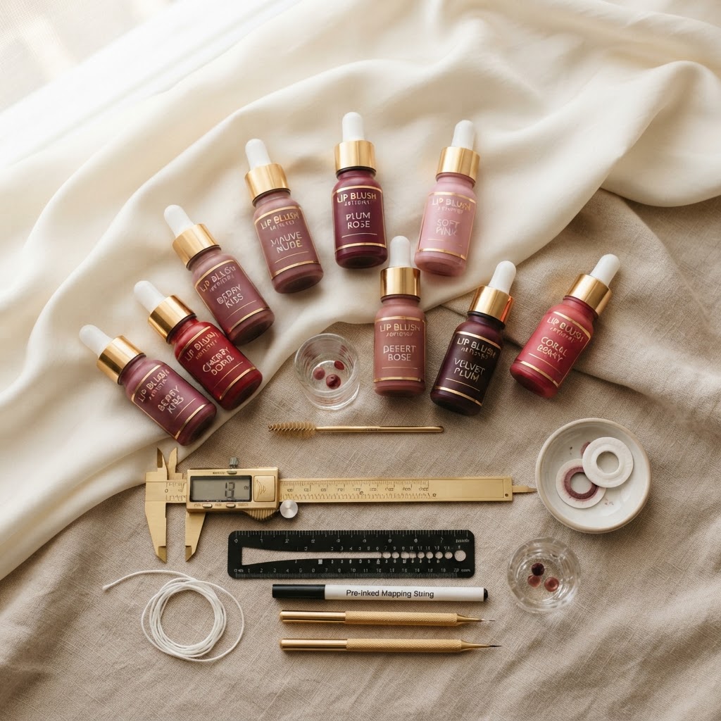 Lip blush pigments and mapping tools used at Velora Beauty