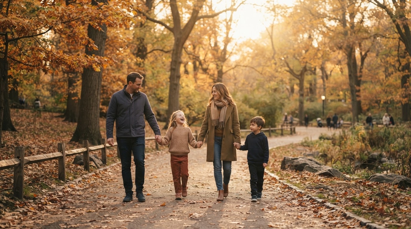 A family walking together through a sunlit autumn park, symbolizing protection and togetherness