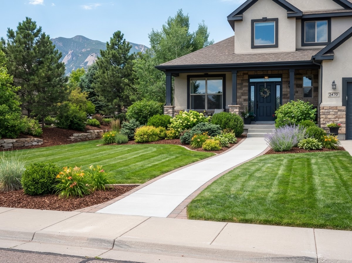Tidy Colorado front yard with fresh mulch, trimmed shrubs, and a neatly striped lawn in Stonebridge