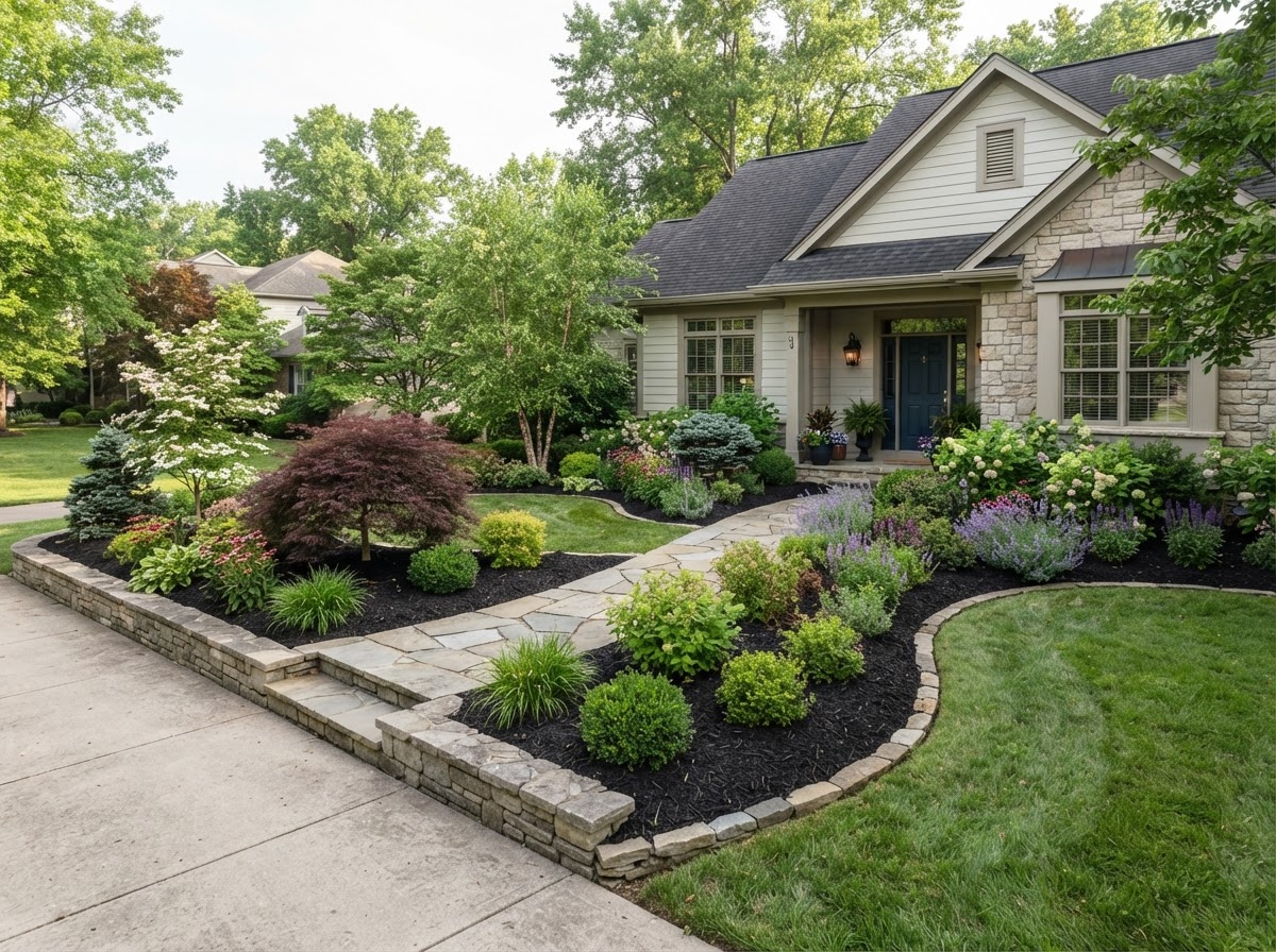 Lush finished backyard with a green striped lawn, flower beds, and a patio in the Cedar Falls area