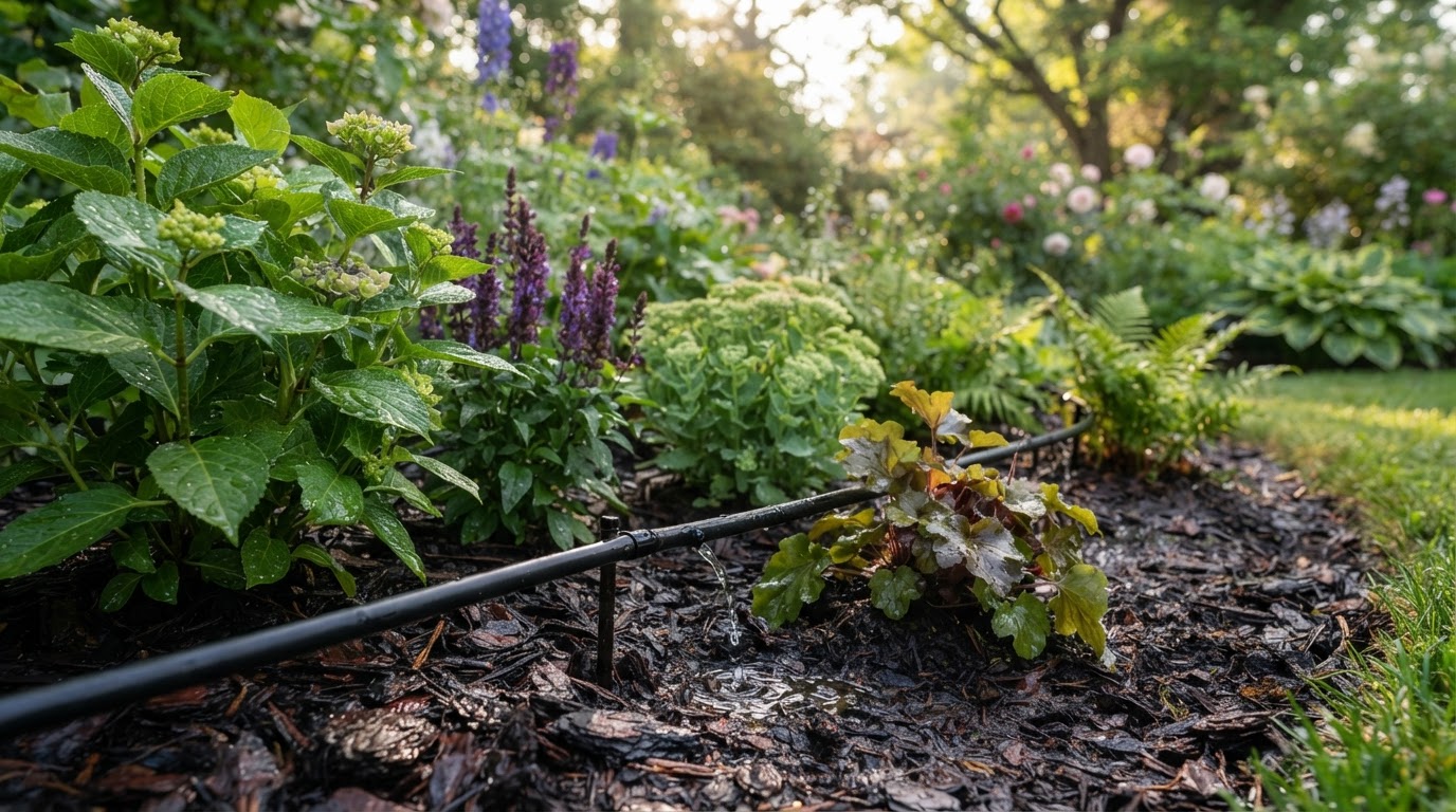 Drip irrigation tubing delivering water to the roots of shrubs and perennials in a mulched garden bed