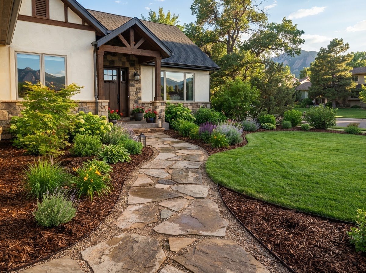 Tidy Colorado front yard with fresh mulch, trimmed shrubs, and a neatly striped lawn in Aspen Creek