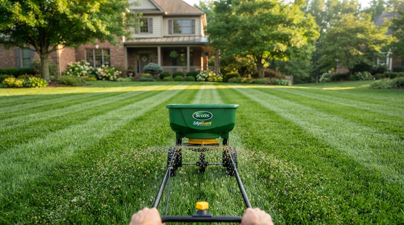 Healthy green lawn being fertilized with a broadcast spreader dropping granules onto striped turf