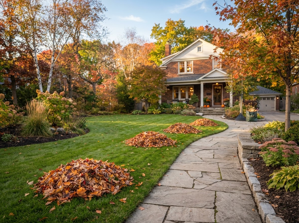 Tidy autumn yard with raked leaf piles and clean walkways