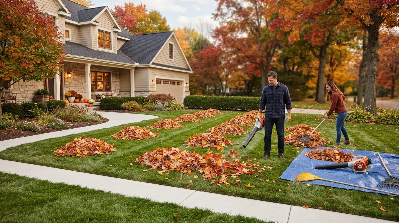 Tidy suburban lawn in autumn cleared of fallen leaves with raked leaf piles and clean walkways