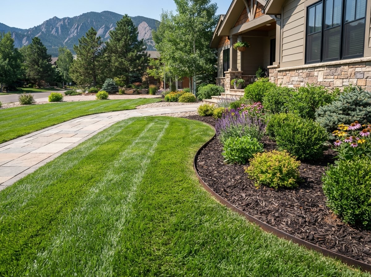 Freshly striped green lawn with mulched flower beds and a tidy walkway in Millbrook, Colorado