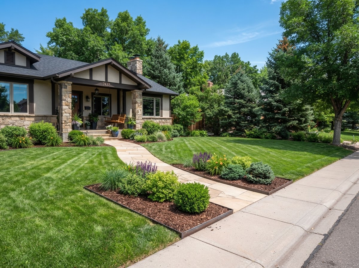Tidy Colorado front yard with fresh mulch, trimmed shrubs, and a neatly striped lawn in Ridgeview