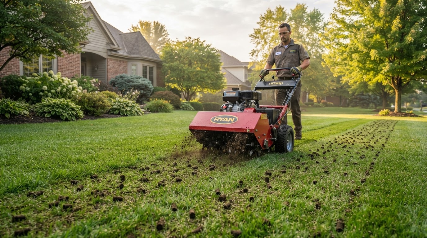 Core aerator pulling soil plugs from a green lawn with grass seed scattered across the turf