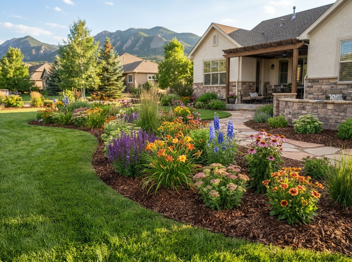Residential flower bed with fresh mulch and a neatly trimmed lawn in Pine Hollow, Colorado