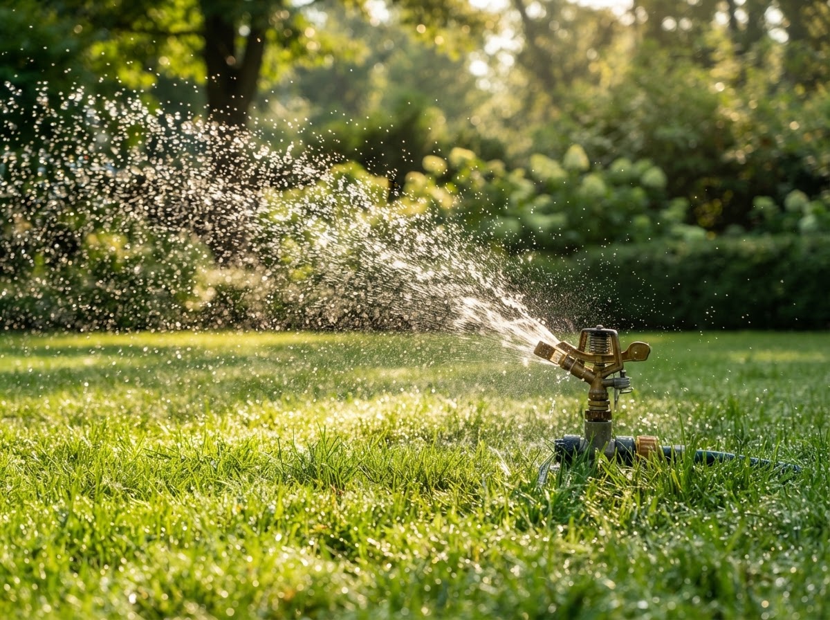 Lawn sprinkler spraying water arcs over green grass in morning light