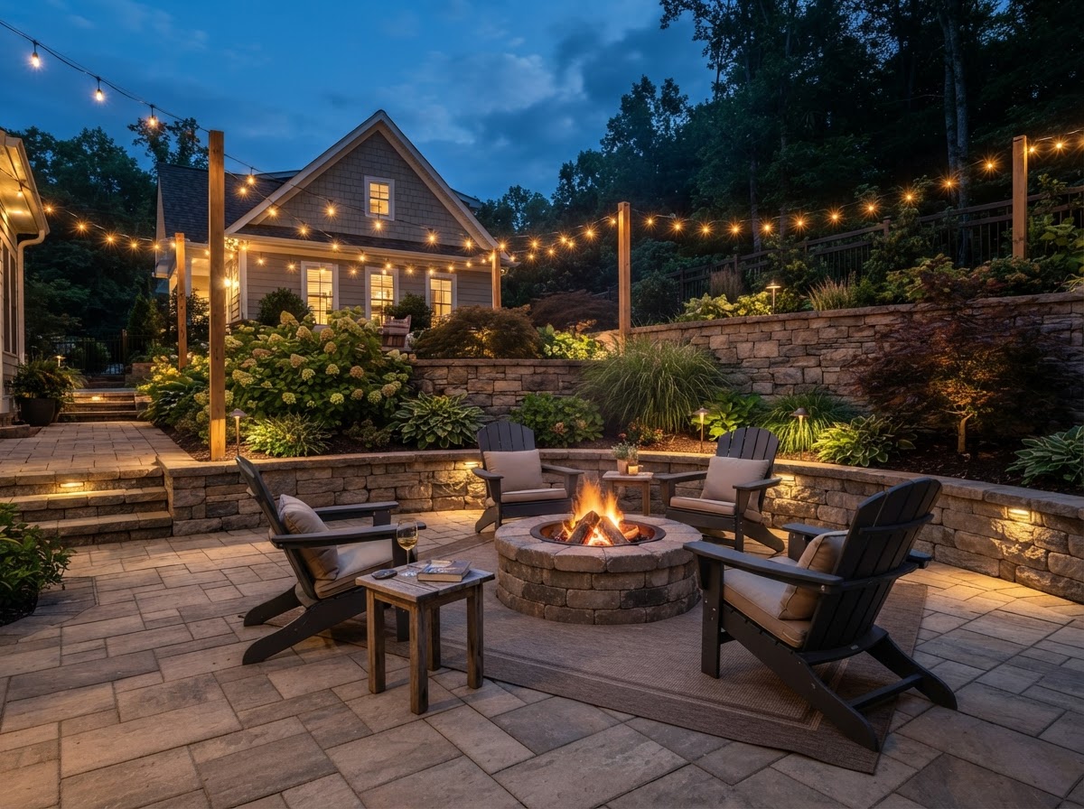 Paver stone patio with a fire pit and string lights at dusk in the Cedar Falls area