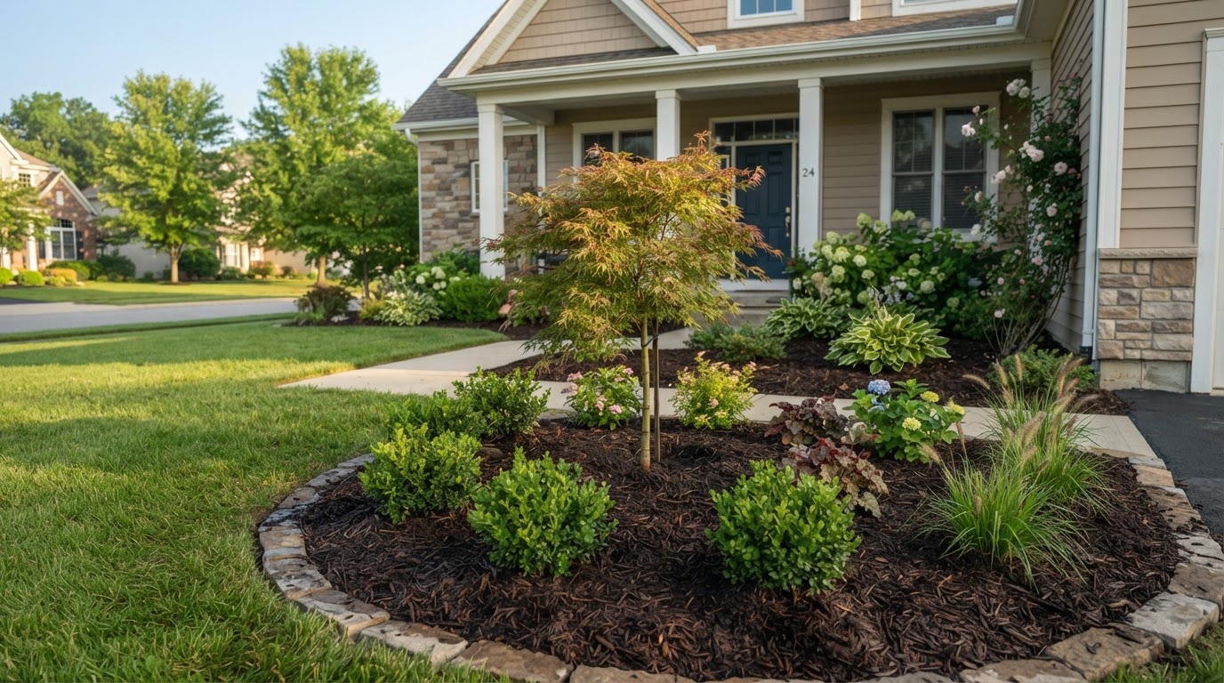 Freshly planted shrubs and a small ornamental tree in a residential landscape bed with fresh mulch
