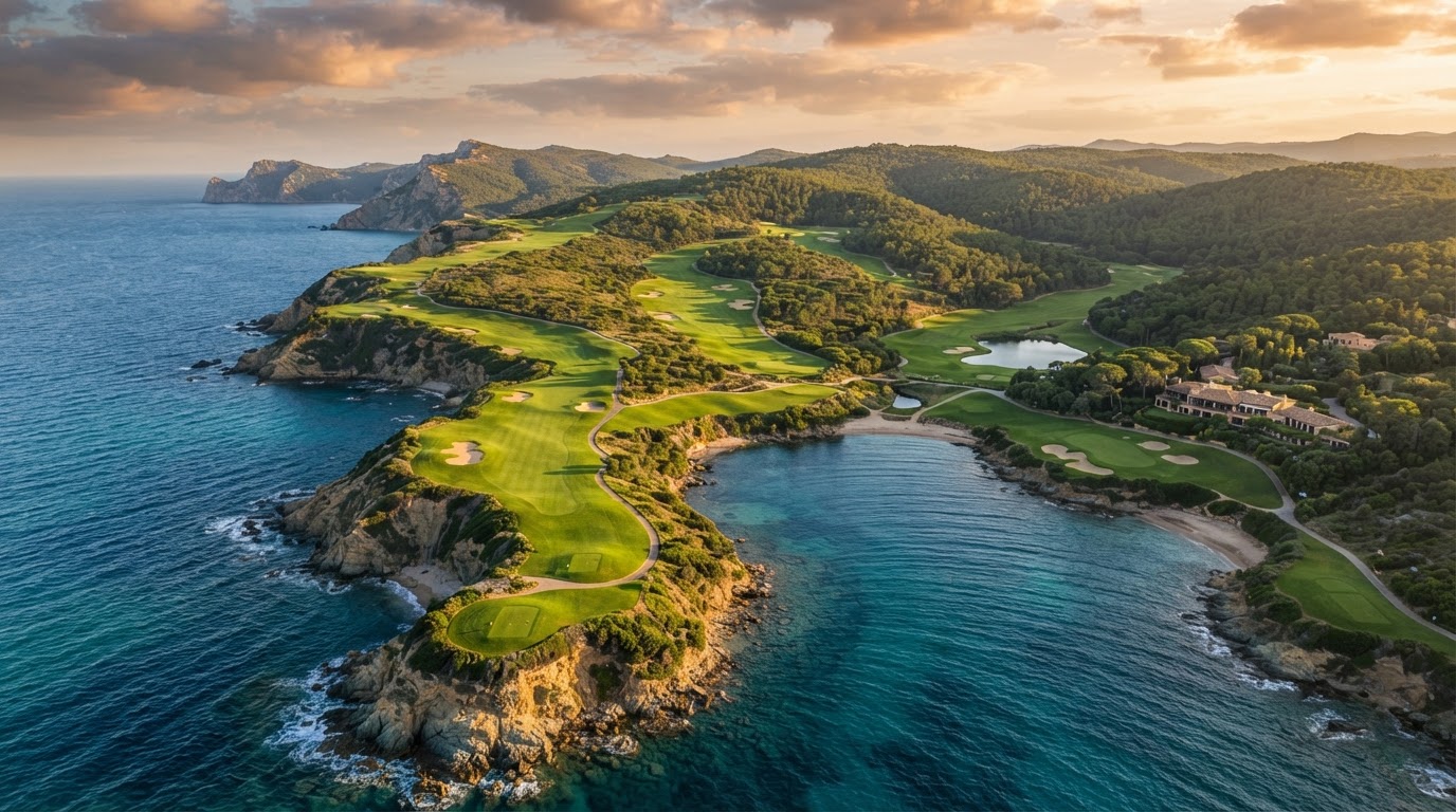 Aerial view of the Plover Cove championship golf course at golden hour