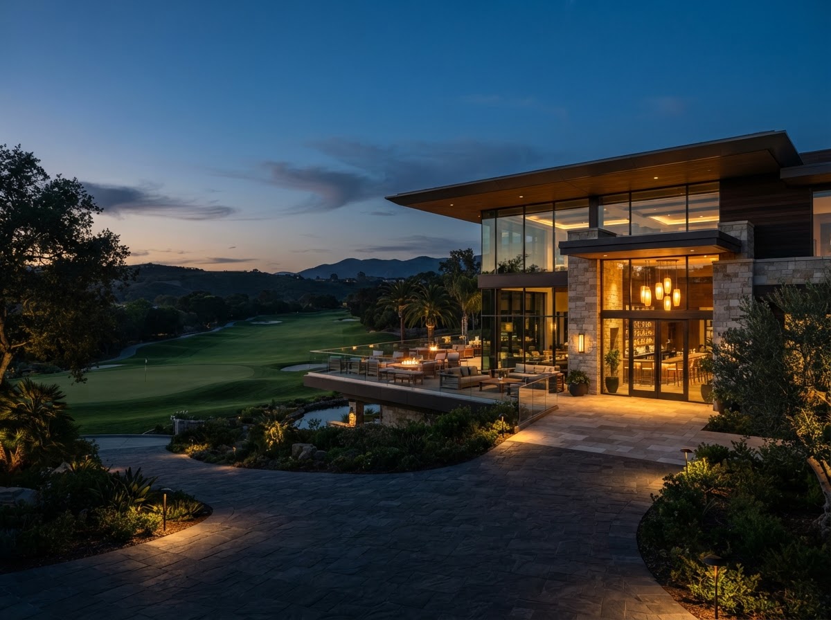 Plover Cove Golf Club modern clubhouse at dusk