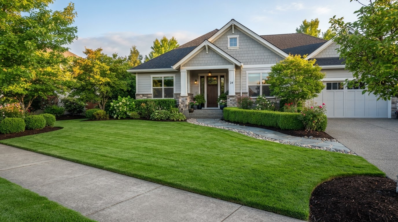 Manicured residential lawn with trimmed hedges and fresh mulch