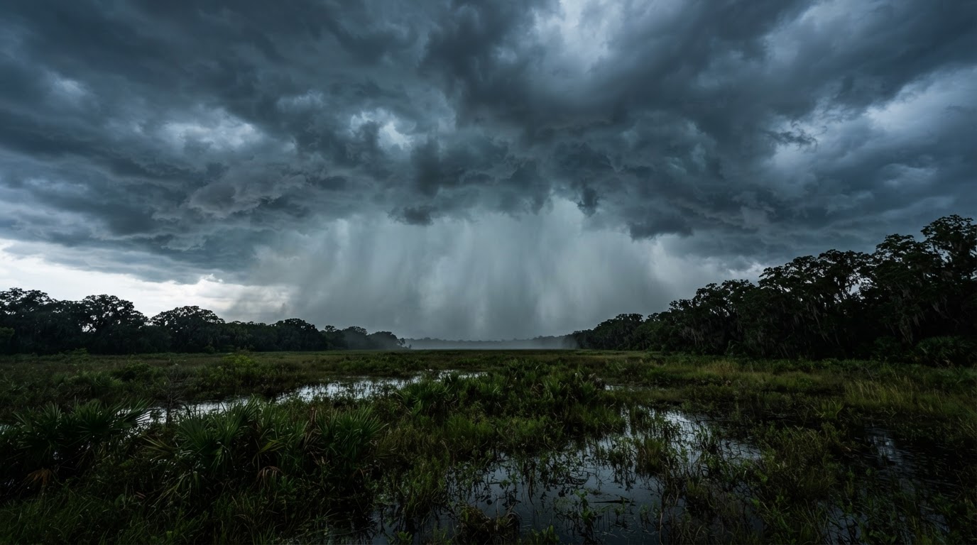 Dark Florida thunderstorm sky with heavy rain over distant tree canopy