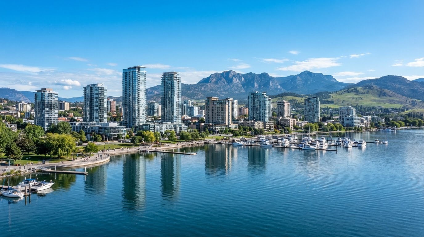 Downtown Kelowna British Columbia skyline on Okanagan Lake shoreline