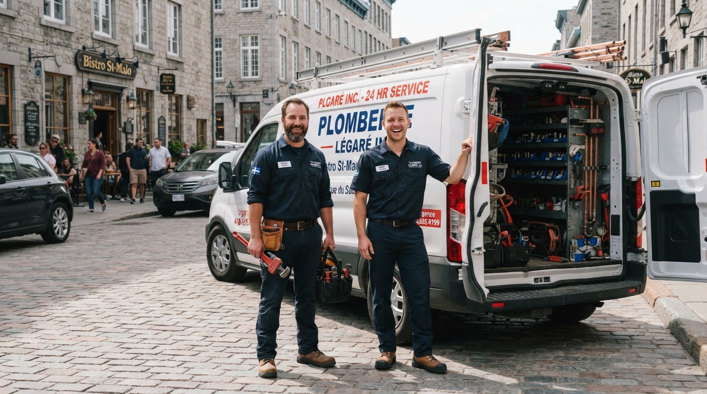 Équipe de plombiers professionnels avec camion de service