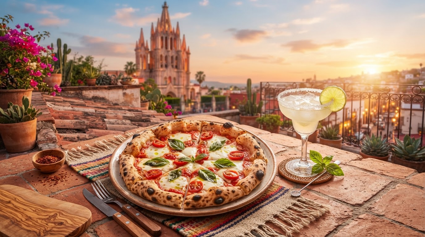 Wood-fired pizza and frosty margaritas on Casa Grande's rooftop at sunset
