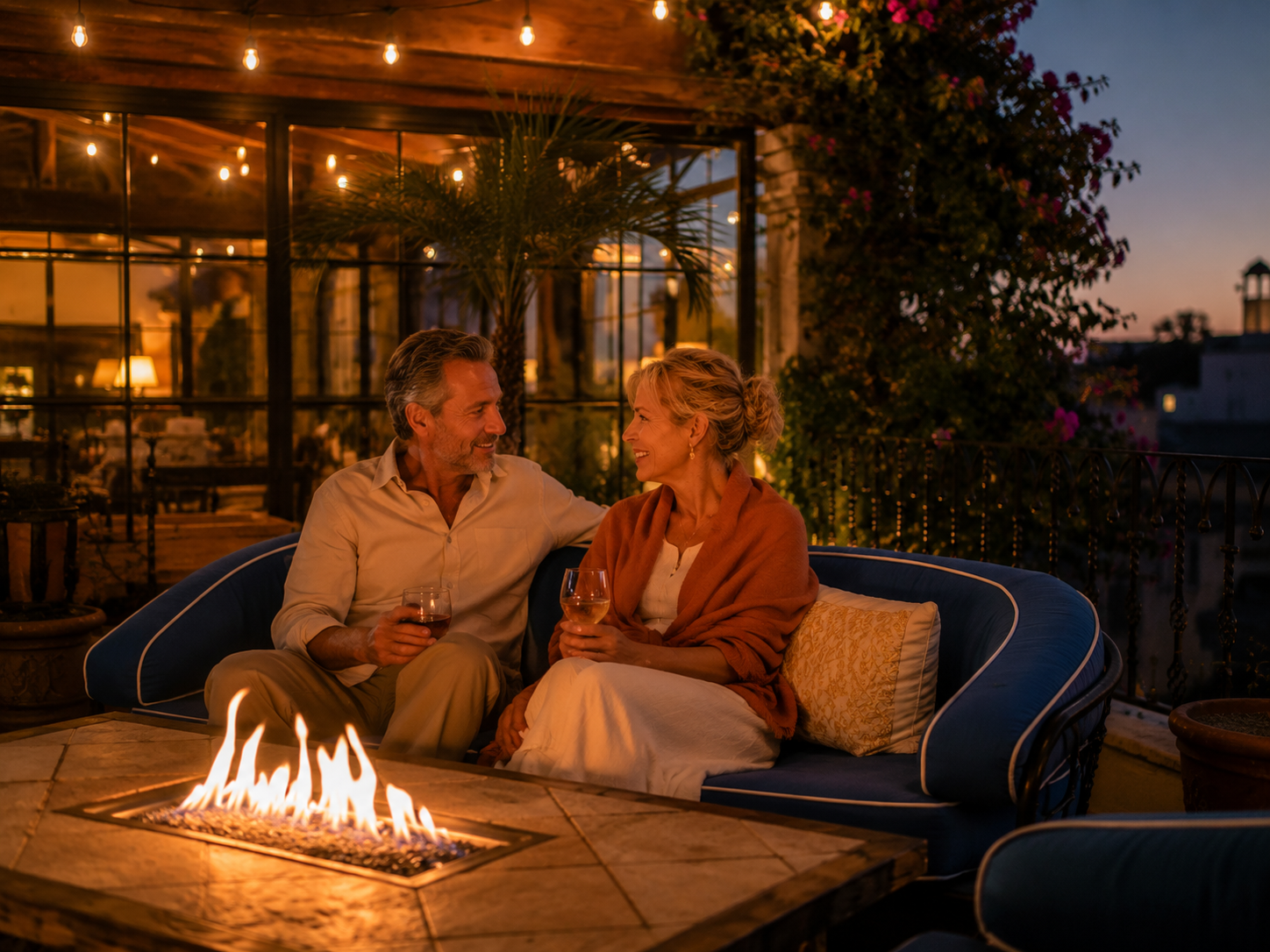 Couple enjoying wine by the cozy outdoor firepit on the Casa Grande terrace at dusk