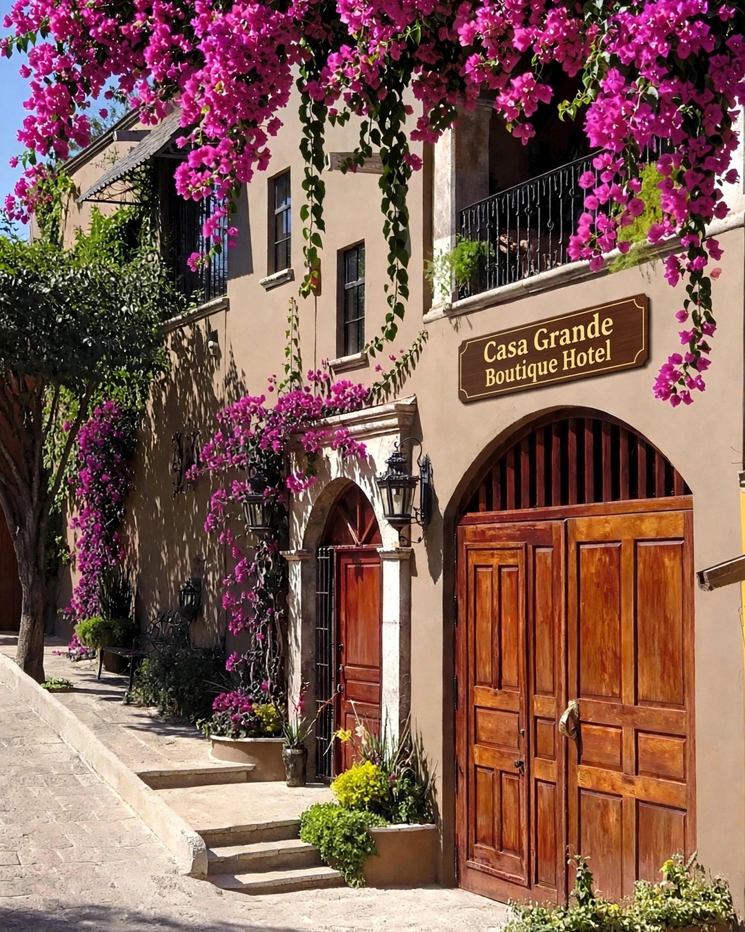 Casa Grande Boutique Hotel facade with vibrant bougainvillea flowers and colonial wooden carved doors