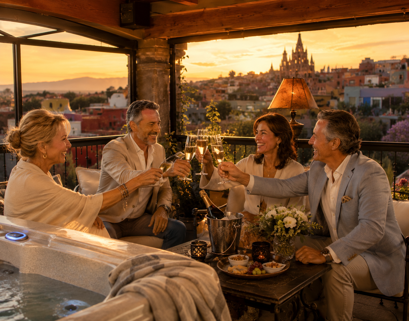 Friends toasting champagne at sunset by the hot tub on Casa Grande rooftop terrace overlooking the Parroquia