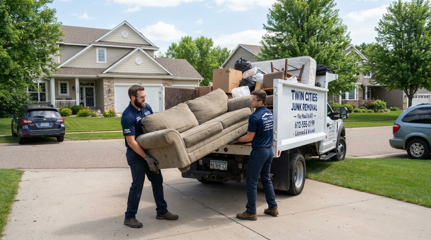 Gopher Junk Removal crew loading household junk into a clean dump truck