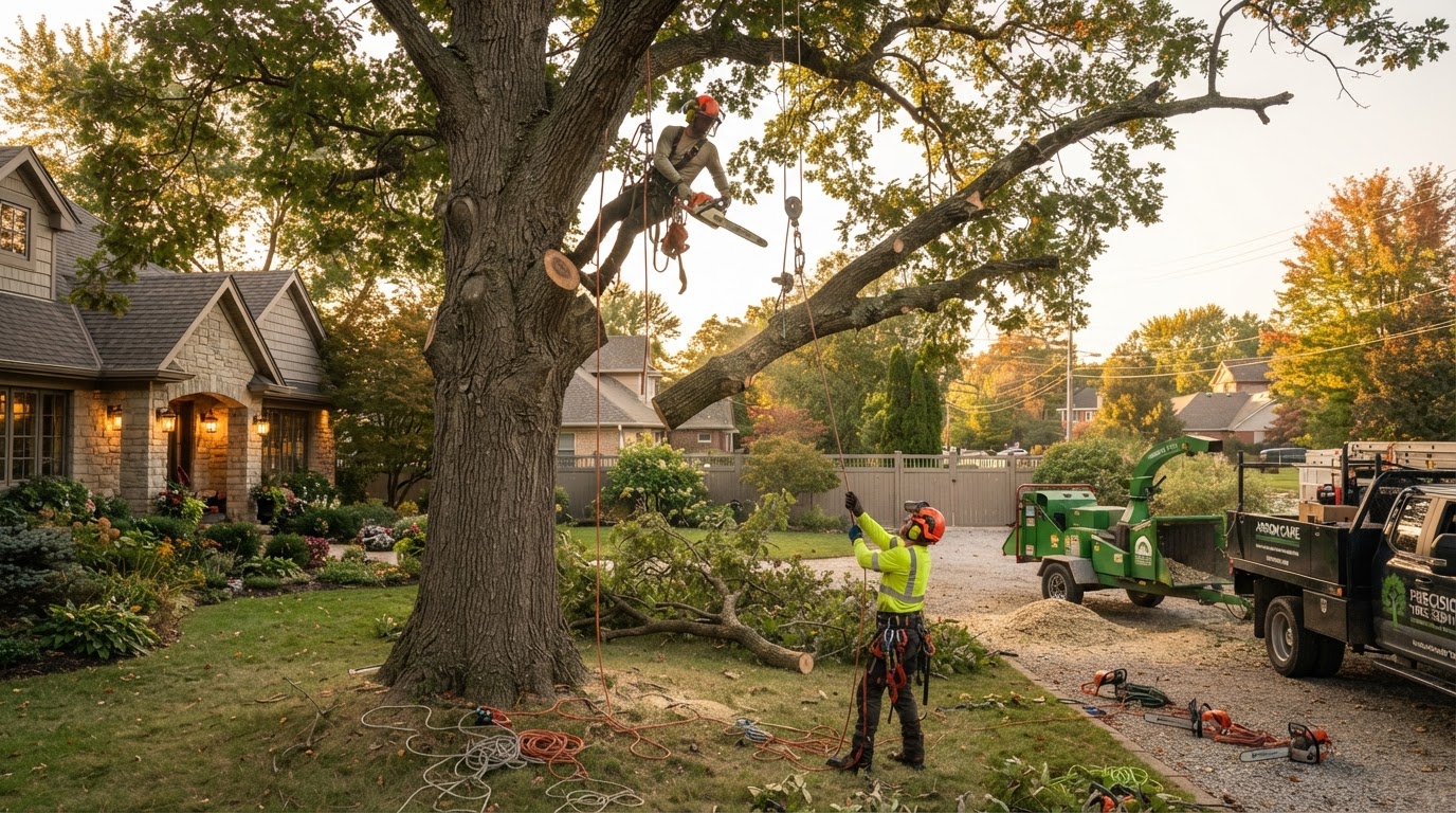Professional arborist crew removing a large tree in a residential yard