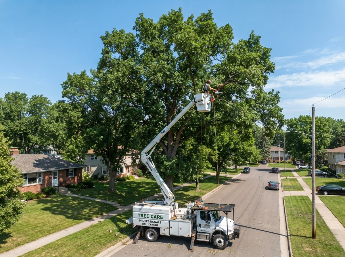 Bucket truck lifting an arborist into a tall tree canopy