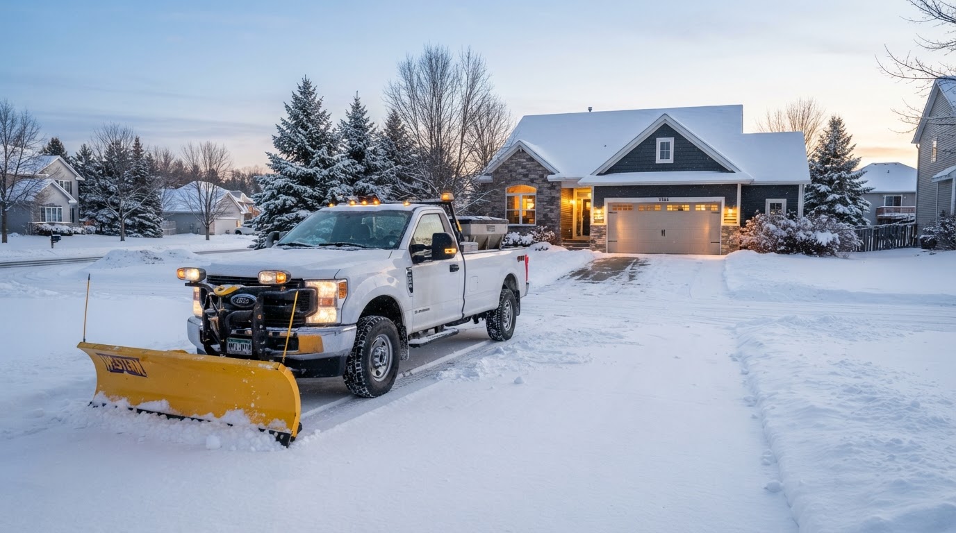 Pickup truck with a snow plow on a residential driveway