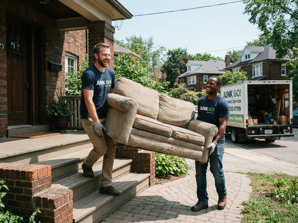 Junk removal crew carrying furniture out of a home
