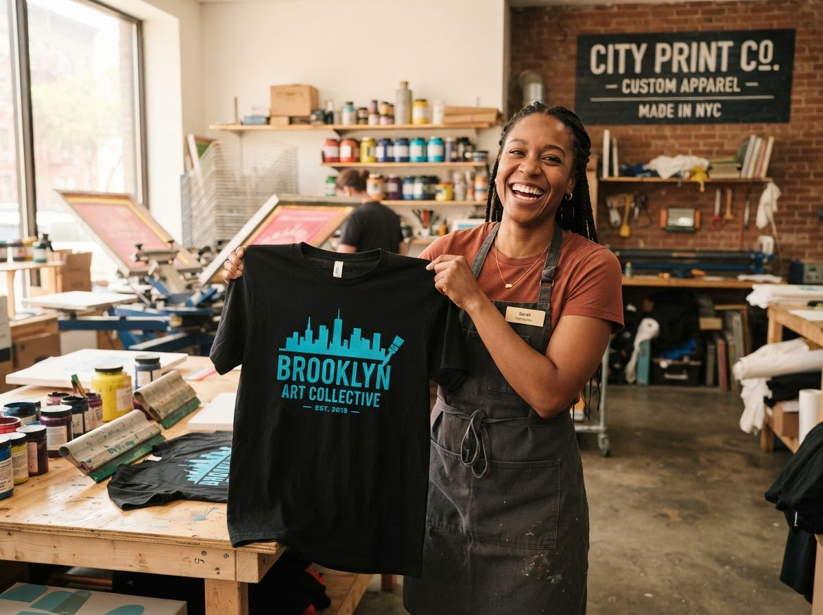 Happy 212 Print Lab customer with custom printed shirt