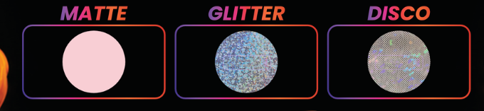 Wicked Pasties finishes: Matte, Glitter, and Disco live effects