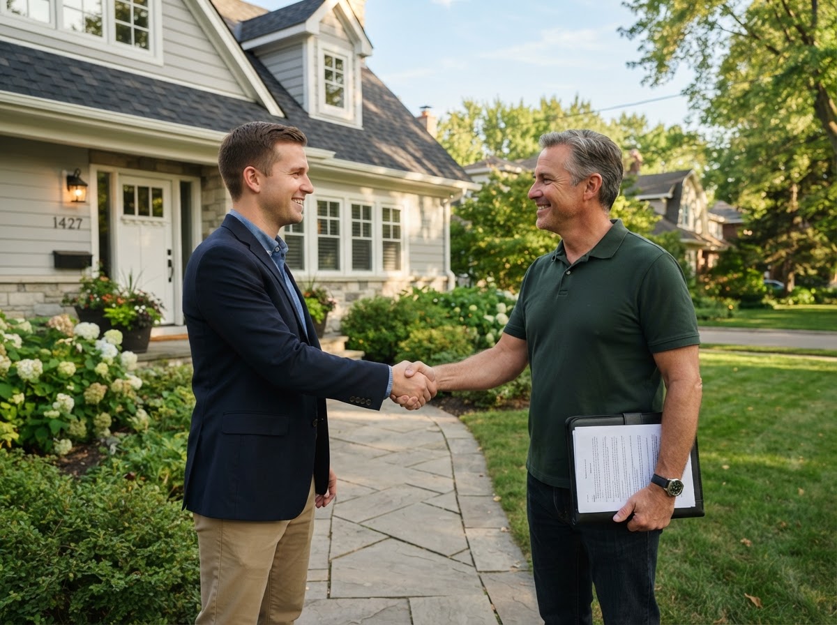 A real estate wholesaler shaking hands with a homeowner in front of a suburban home