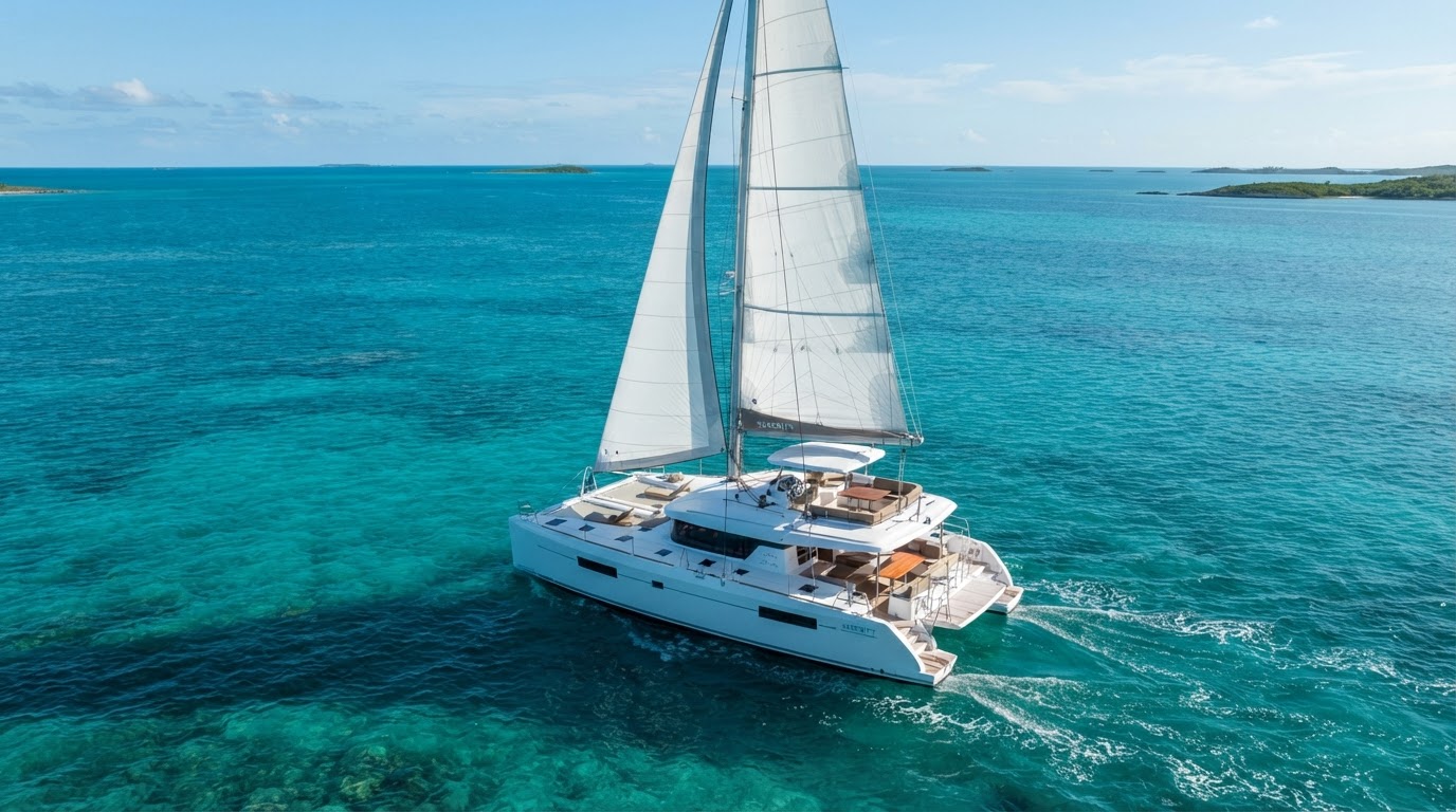 Luxury sailing catamaran yacht on calm turquoise ocean waters