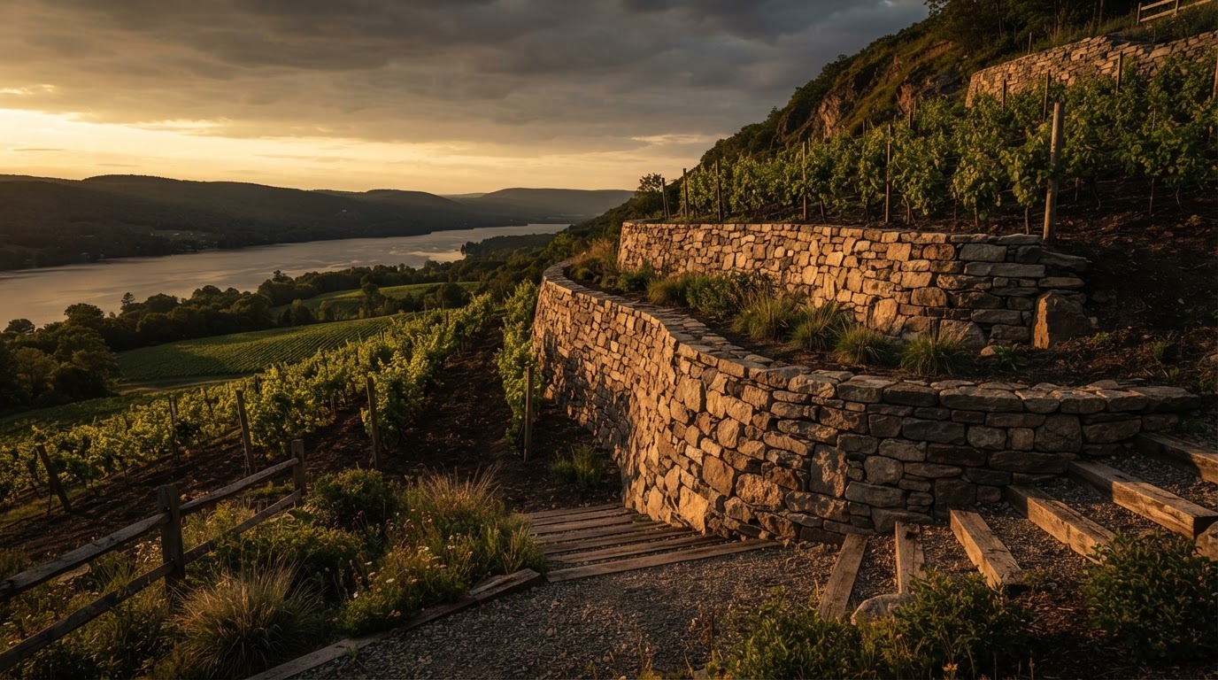 Newly built stacked stone retaining wall terracing a Finger Lakes hillside at golden hour