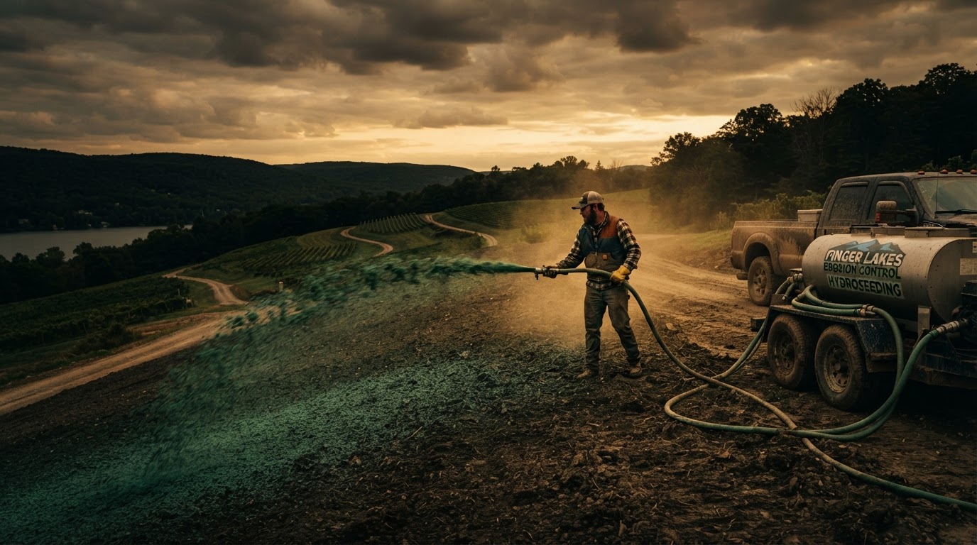 Hydroseed mulch being sprayed across bare soil at golden hour in the Finger Lakes