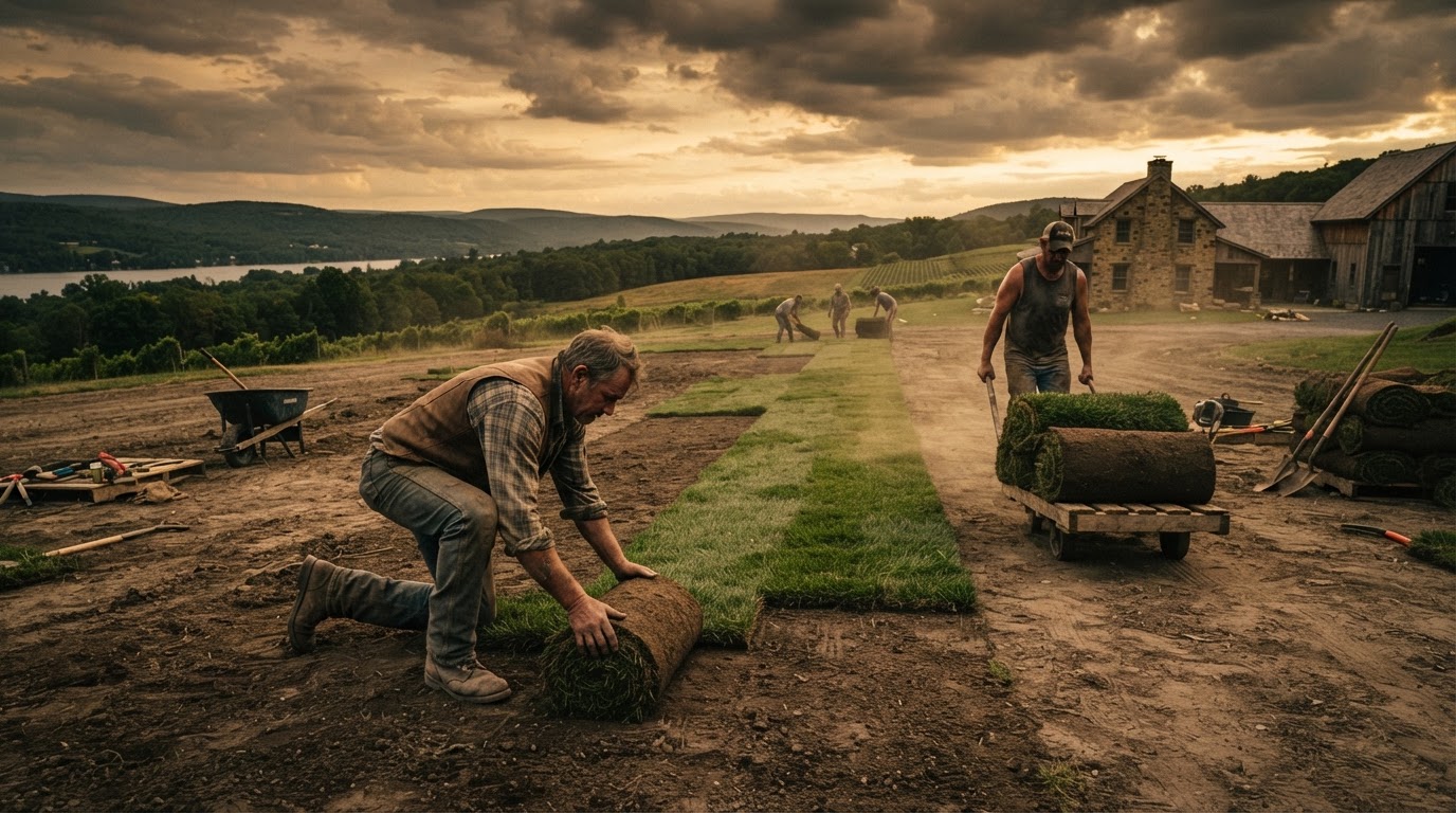 Fresh green sod rolls being laid across a Finger Lakes lawn at golden hour
