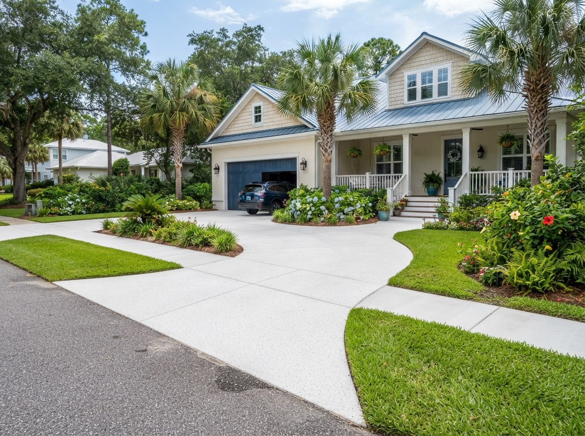 Pressure washed clean concrete driveway and walkways
