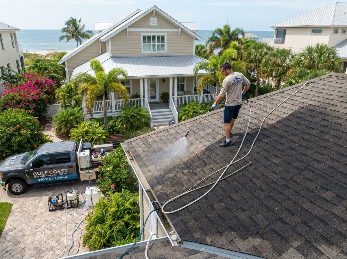 Roof soft washing demonstration on shingle roof