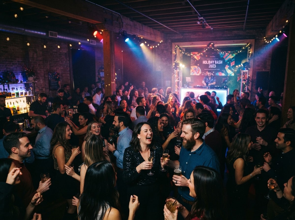 Office party with warm lighting and a relaxed crowd