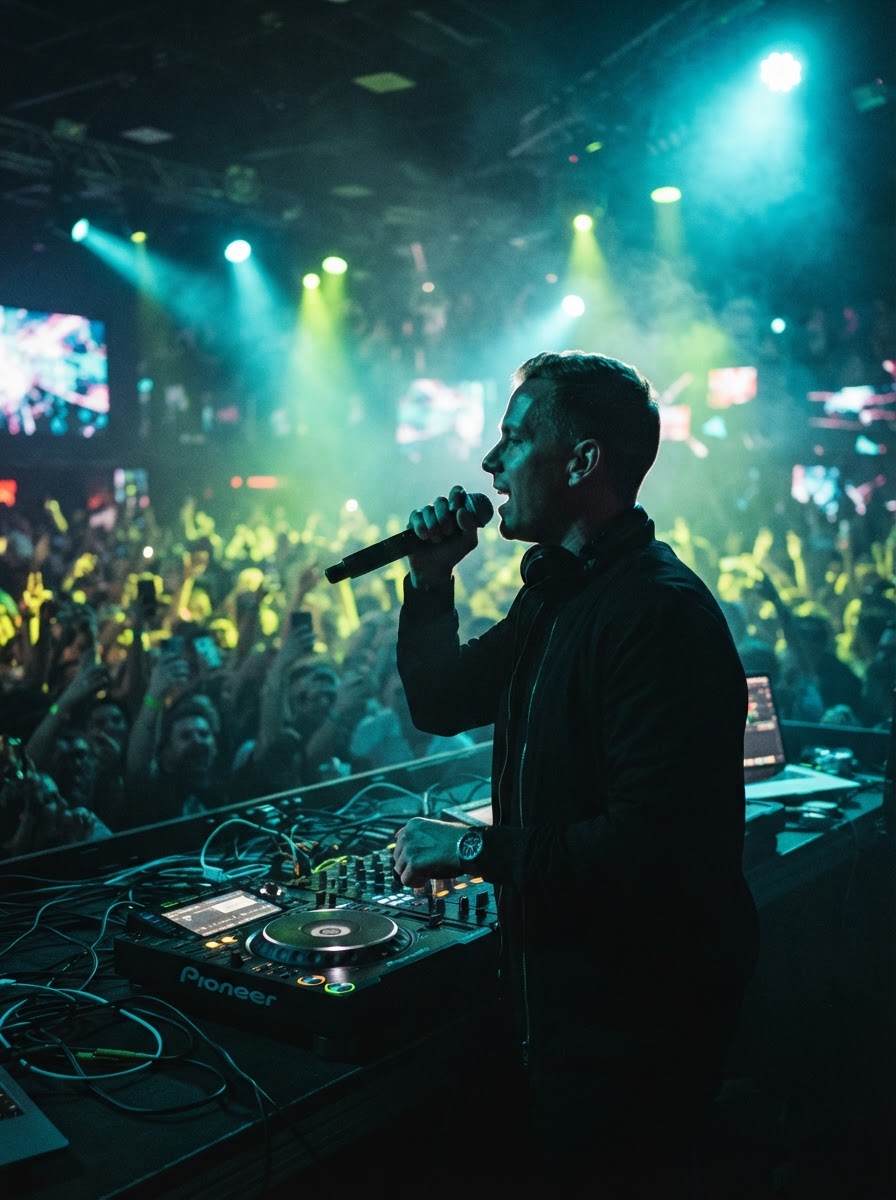DJ Noah C speaking into a microphone, interacting with the room