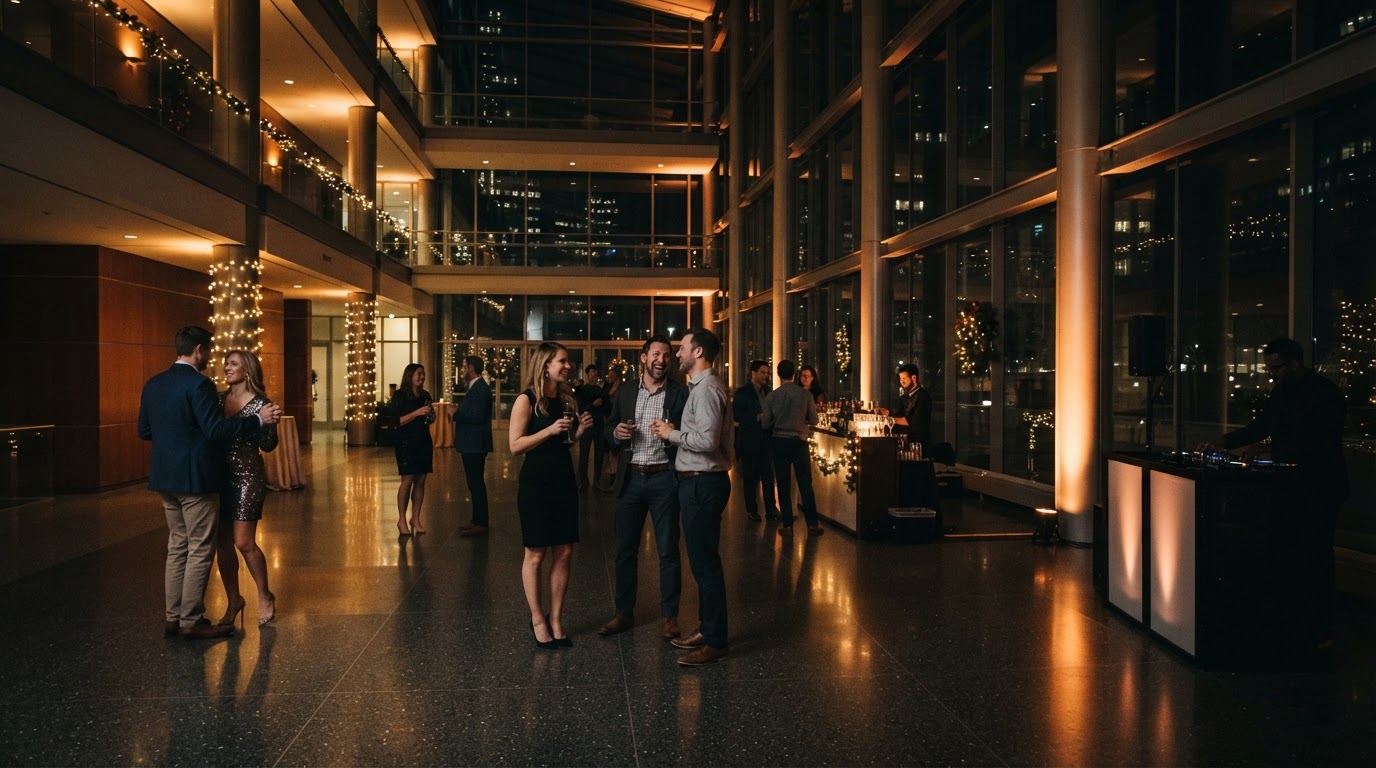 Intimate office holiday party in a modern building atrium with a small group of guests, warm uplighting and DJ booth